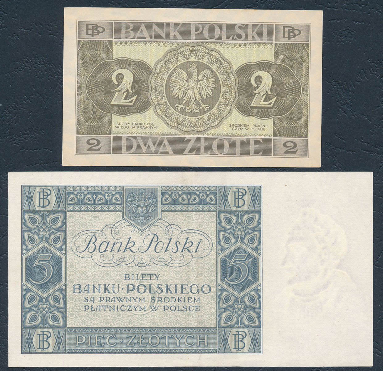 2 złote 1936 seria DZ, 5 złotych 1930 seria BJ, zestaw 2 banknotów